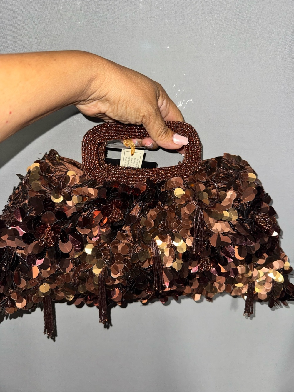 Brown Sequin Floral Beaded Handle Clutch